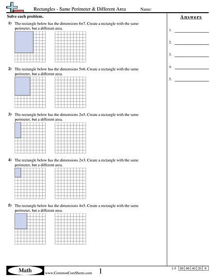 3.md.8 Worksheets - Rectangles - Same Perimeter & Different Area worksheet